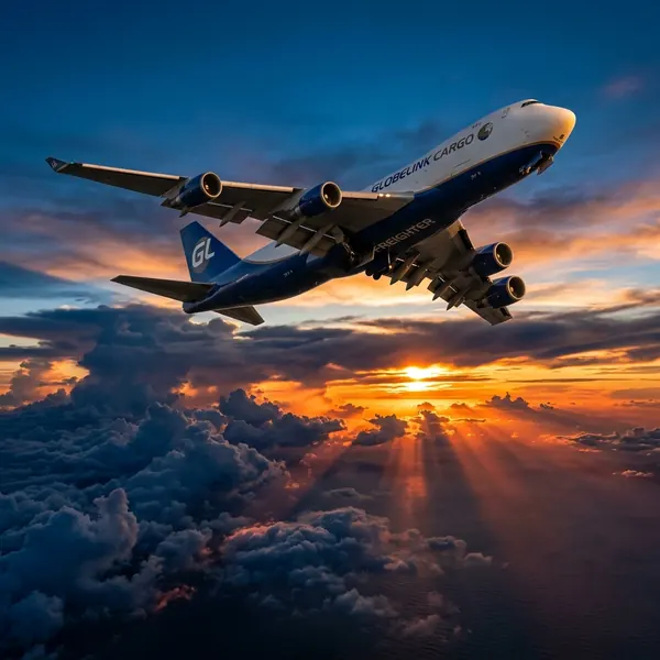 Cargo aircraft in flight above the clouds at sunset