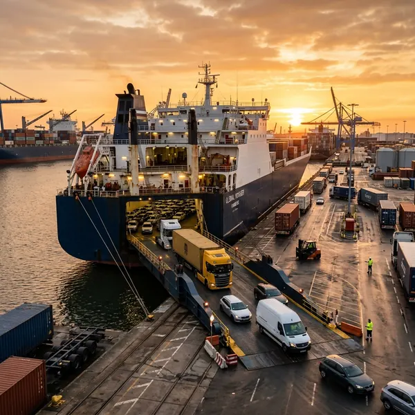 Trucks and vehicles driving onto a RO-RO vessel via its stern ramp