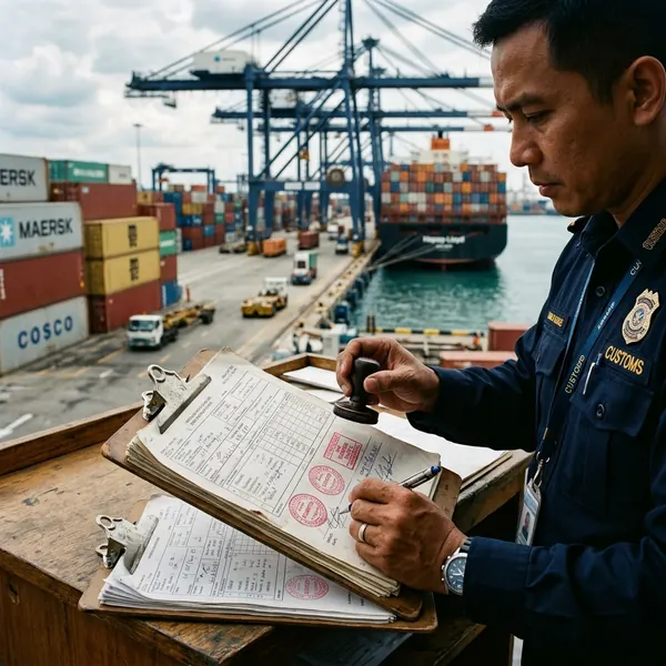 Customs officer stamping shipping documents at a container port