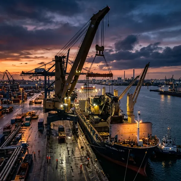 Heavy-lift crane loading project cargo onto a vessel at port