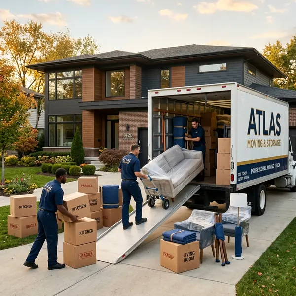 Movers loading packed household boxes and furniture into a removal truck