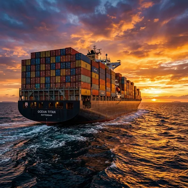 Container ship loaded with FCL containers sailing at sunset