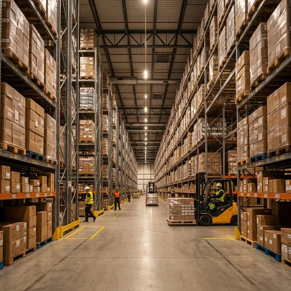 Warehouse aisle with high-bay pallet racking and a forklift moving cargo